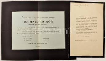 1911 Dr. Hauser Mór, Baja város első polgármesterének (1874-1882) és nejének halálozási értesítője, utóbbi lapszéli szakadásokkal