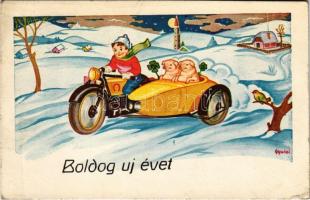 1938 Boldog Újévet! / New Year greeting art postcard, motorcycle sidecar with pigs in it s: Gyulai (EK)