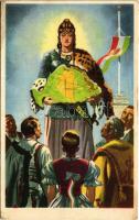 Magyar egység. Kiadja az Ereklyés Országzászló Nagybizottsága / Hungarian irredenta propaganda art postcard, Treaty of Trianon (fa)
