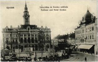 Újvidék, Novi Sad; Városháza, Kovács szálloda, villamos. Natosevic kiadása / town hall, hotel, tram