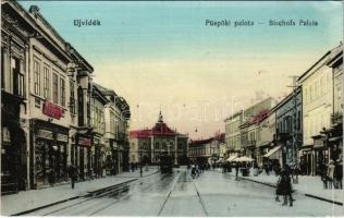 Újvidék, Novi Sad; Szerb püspöki palota, Böhm Ignácz üzlete, villamos. Natosevic kiadása / Serbian bishops palace, shops, tram (EK)
