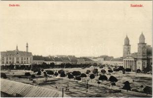 Szatmárnémeti, Szatmár, Satu Mare; Deák tér, templom, üzletek, építkezés, piac / square, church, shops, construction, market