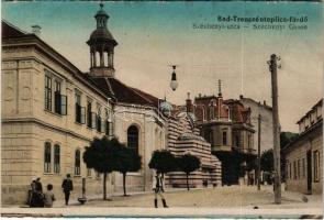 Trencsénteplic, Trencianske Teplice; Széchenyi utca és Sina utca, Sina és Hammam fürdő / street view, spa, bath (képeslapfüzetből / from postcard booklet)