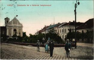 1911 Vác, Constantin tér a Fehérek templomával, Emke kávéház. B. M. és Társa kiadása (EK)