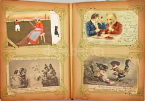 Szép képeslap gyűjtemény szecessziós századeleji bársonykötésű albumban: 288 db régi korabeli képesl...