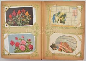 Szép képeslap gyűjtemény szecessziós századeleji bársonykötésű albumban: 288 db régi korabeli képesl...