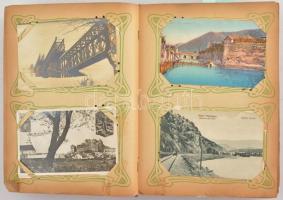 Szép képeslap gyűjtemény szecessziós századeleji bársonykötésű albumban: 288 db régi korabeli képesl...