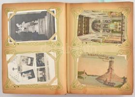 Szép képeslap gyűjtemény szecessziós századeleji bársonykötésű albumban: 288 db régi korabeli képesl...