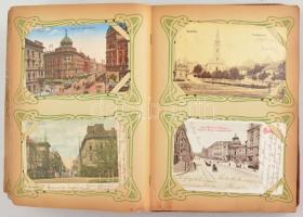 Szép képeslap gyűjtemény szecessziós századeleji bársonykötésű albumban: 288 db régi korabeli képesl...