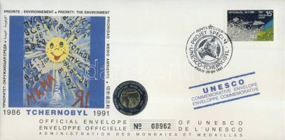 UNESCO 1991. "Csernobil" bimetál bélyeges érmés borítékon, alkalmi bélyegzővel T:1