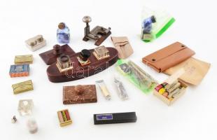 Vegyes vintage írószeres tétel, közte, Bajnok körző, hordozható tintatartó, Floris tűzőgép, stb.