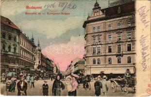 1906 Budapest VII. Kerepesi út, Központi és Debrecen szálloda, Petrits Károly üzlete, villamos. Montázs (EK)