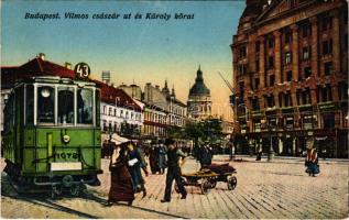 1916 Budapest VI. Vilmos Császár út (ma Bajcsy-Zsilinszky út) és Károly körút, 43-as villamos, Anker palota, Guttmann és Fekete üzlete. Erdélyi udvari fényképész felvétele. Vasúti levelezőlapárusítás 1916. (EK)