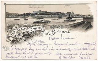 1893 (Vorläufer) Budapest, Királyi vár és várbazár, Lánchíd. Art Nouveau, floral, litho