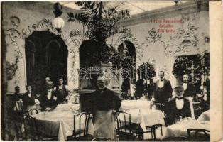 1908 Budapest V. Grand Restaurant Schuller nagy étterem, vendéglő téli kertje, belső pincérekkel. Váci körút 68. (mai Bajcsy-Zsilinszyk út) (fl)