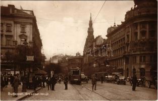 1928 Budapest VII. Erzsébet körút (Blaha Lujza tér), 4-es és 6-os villamosok, autó, kávéház, Pesti hazai első takarékpénztár, Athenaeum üzlete. We-Sa-Bu