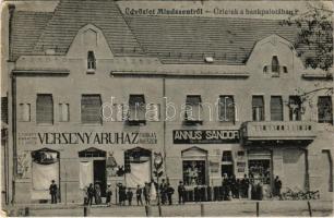 1924 Mindszent, Bankpalota, Farkas és Hauszer verseny áruháza, Annus Sándor vas és fűszerkereskedés üzlet. Horváth Antal kiadása (ázott sarok / wet corner)