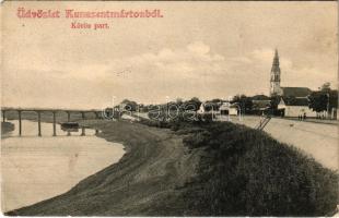 1908 Kunszentmárton, Körös part, híd, templom. Sáray Albert felvétele, Wolf Dezső kiadása (EK)