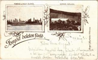 1899 (Vorläufer) Fonyód-Balatonfürdő, fürdőház és vasútállomás, Szarvas szálloda. Singer S. fényképész, Art Nouveau, floral