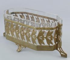 Szecessziós réz kínáló tál, üveg betéttel. Minimális lepattanással. 25x10x12 cm