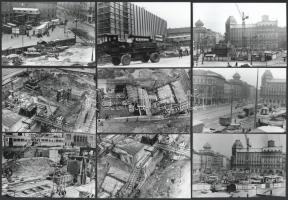 1966 Budapest, Blaha Lujza téri metróépítkezés a felszínen (szekrény süllyesztés, felvonulási épületek, munkagépek, földmunka, stb.), 13 db vintage fotó, ezüst zselatinos fotópapíron, 9x12 cm