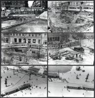 cca 1966-1967 Budapest, a Baross tér és a Blaha Lujza tér környékén tömegközlekedés (villamos, autóbusz, troli) a metró építkezések idején (terelések, járművek, megállók), 9 db vintage fotó, ezüst zselatinos fotópapíron, 9x12 cm és 13x18 cm