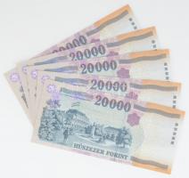 2009. 20.000Ft (5x) sorszámkövetők "GA 7388104 - GA 7388108" T:I,I- a biztonsági szálakon ...