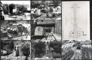 1985-1986 Budapest, a budai sikló építéséről készült felvételek, 13 db vintage fotó datálva, pecséttel jelezve, + hozzáadva 5 db reprodukciót (tervrajzok a budai gőzsiklóról, később budai hegypályáról), ezüst zselatinos fotópapíron, 9x14 cm és 13x18 cm
