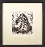 Olvashatatlan jelzéssel: Between the lines (zebra). Linómetszet, papír, üvegezett fakeretben. 19x18 cm