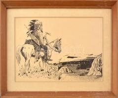 Gálfy Ernő: Indián lovas. Tus, papír. Üvegezett fakeretben. 21x29,5 cm
