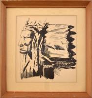 Gálfy Ernő: Indián törzsfőnök. Tus, papír. Üvegezett fakeretben. 23,5x21 cm