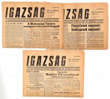 1956 Igazság, a forradalmi magyar honvédség és ifjúság lapja 3 db száma: I. évf. 7-9. sz., 1956. nov. 1-3., a forradalom híreivel (Beszélgetés Maléter Pál ezredessel, Az új kormány névsora, stb.), szakadásokkal