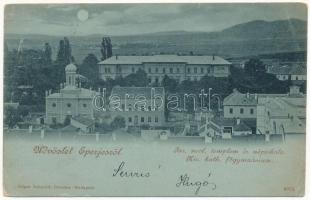 1900 Eperjes, Presov; Izraelita neológ templom és népiskola este, zsinagóga / synagogue and school at night (EK)