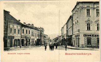 Besztercebánya, Banská Bystrica; Kossuth Lajos utca, Holesch Árpád üzlete, dohány tőzsde, gyógyszertár / street, shops, pharmacy