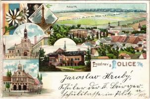 1899 (Vorläufer) Police nad Metují, Kostel, Radnice, Hostinec na Hvezde / general view, church, inn. Art Nouveau, floral, litho (wet corners)