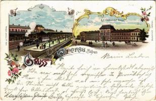 1897 (Vorläufer!) Prerov, Prerau; K.K. Nordbahnhof Prerau / railway station, locomotive, train. Kunstanstalt Karl Schwidernoch No. 1884. Art Nouveau, floral, litho (EK)