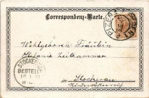 1899 (Vorläufer) Plzen, Pilsen; square, market, street view, synagogue. Verlag Hugo Fomann Art Nouve...