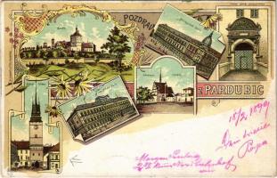 1899 (Vorläufer) Pardubice, Zámek, Prumyslová skola, Dekansky chrám, Novomestská skola, Zelená brána / castle, school, church, gate. Lit. A. Chmelar a J. Otto Art Nouveau, floral, litho (EK)