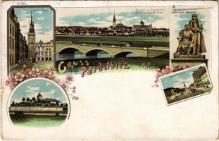1897 (Vorläufer!) Pardubice, Grüne Thor, Eisenbahnbrücke, Weberka's Denkmal, Königsstrasse, Schloss / gate, railway bridge, monument, street view, castle. Art Nouveau, floral, litho (small tear)