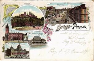 1898 (Vorläufer) Praha, Prag, Prága, Prague; Hradschin, Wenzelplatz, Altstädter Rathaus, Böhmisches National-Theater, Museum des Königr. Böhmen / castle, square, horse-drawn tram, town hall, theatre, museum. C. Schwager Art Nouveau, floral, litho (worn corners)