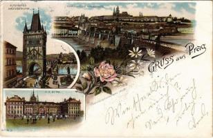 1899 (Vorläufer) Praha, Prag, Prága, Prague; Altstädter Brückenthurm, Karlsbrücke u. Kleinseite, K.k. Burg / bridge, tower, horse-drawn tram, castle. Louis Glaser Art Nouveau, floral, litho (EK)