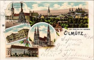 1904 Olomouc, Olmütz; Rathaus und Dreifaltigkeitssäule, Bahnhof, Der Dom, Fürsterzbischöfl. Residenz / town hall, Holy Trinity statue, railway station, cathedral, bishop's residence. Art Nouveau, floral, litho