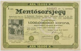 Budapest 1925. Mentősorsjegy 1/2 sorsjegy 10.000K értékben, A 024105 sorszámmal T:III / Hungary / Budapest 1925. Ambulance Lottery Ticket 1/2 lottery ticket about 10.000 Korona, with A 024105 serial number C:F