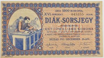 Budapest 1925. Diák-Sorsjegy 5000K értékben, XVI. 045355 sorszámmal T:III small tear / Hungary / Budapest 1925. Student Lottery Ticket about 5000 Korona, with XVI. 045355 serial number C:F kis szakadás