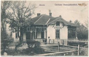 1912 Stubnyafürdő, Túróchévíz, Stubnianske Teplice, Turcianske Teplice; vasútállomás. Hegedüs I. fényképész kiadása / railway station (EK)