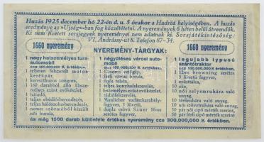 Budapest 1925. "Hadirokkantak, Hadiözvegyek, Hadiárvák Nemzeti Szövetsége Tárgysorsjátéka"...