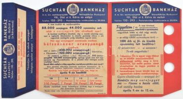 Budapest ~1938. Suchtár Bankház - 40. osztálysorsjáték kihajtható sorsjegy reklám T:I- / Hungary / Budapest ~1938. Suchtár Bank House - 40. Class Lottery Game lottery ticket advertisement C:AU