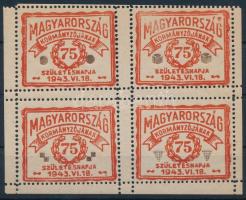 1943 Magyarország kormányzójának 75. születésnapjára levélzáró négyestömb / label