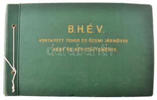 1968 A BHÉV vontatott teher- és üzemi járműveinek adat és képgyűjteménye. 137 fénykép az önálló BHÉV vonat és hév kocsik részletes műszaki adataival, funkció szerinti csoportosításban. Műbőr kötésű mappában. 38x24 cm / Collection of the railway coaches and wagons of the Budapest Local Railways Company. 137 photos and detailed technical information.