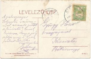 1910 Élesd, Alesd; Kossuth tér, kút, Klein Bernáth és Jakabfi Jakab üzlete, Sándor Mór nyomdája, pap...